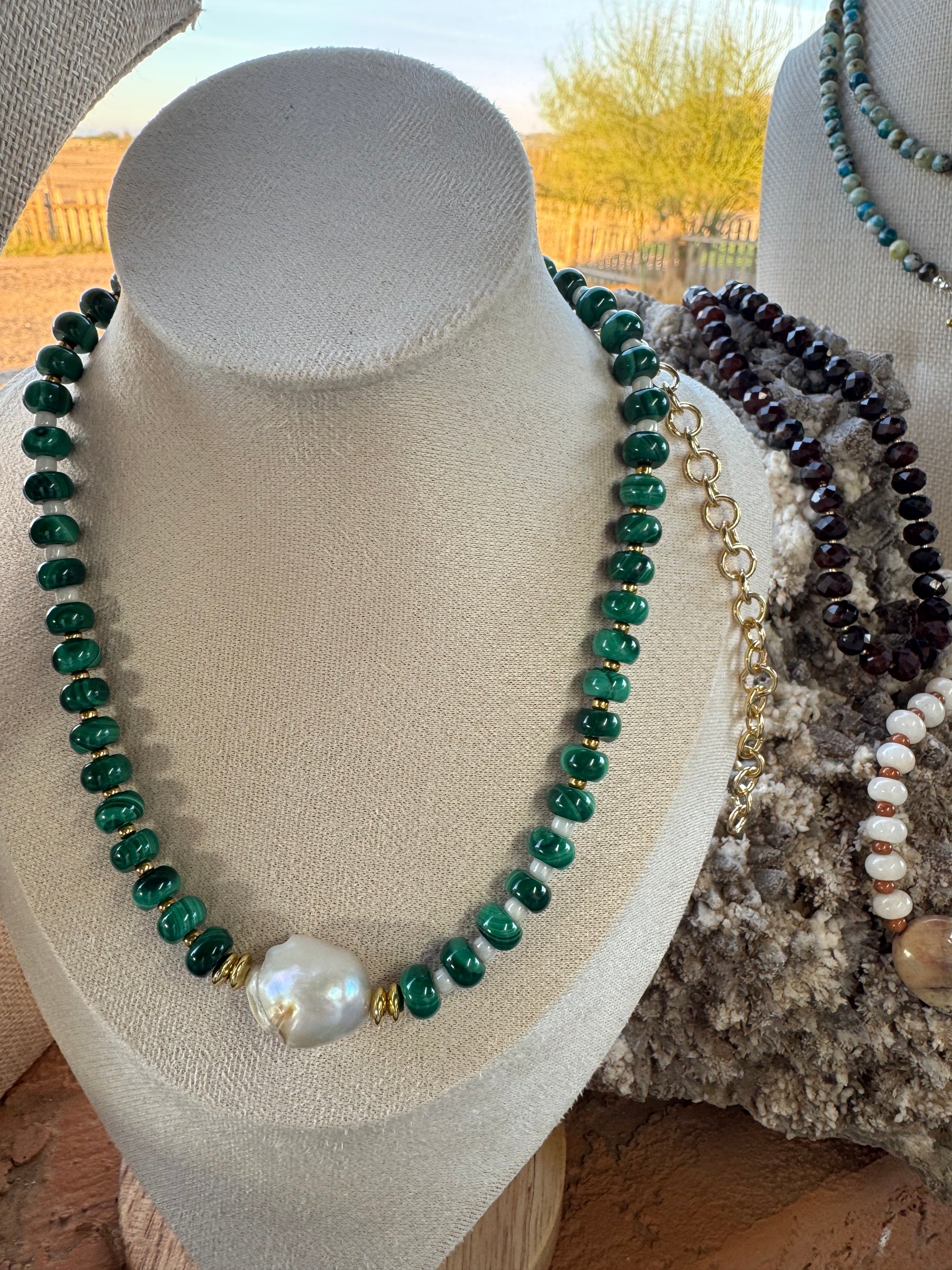 Natural Malachite and Freshwater Baroque Pearl Necklace
