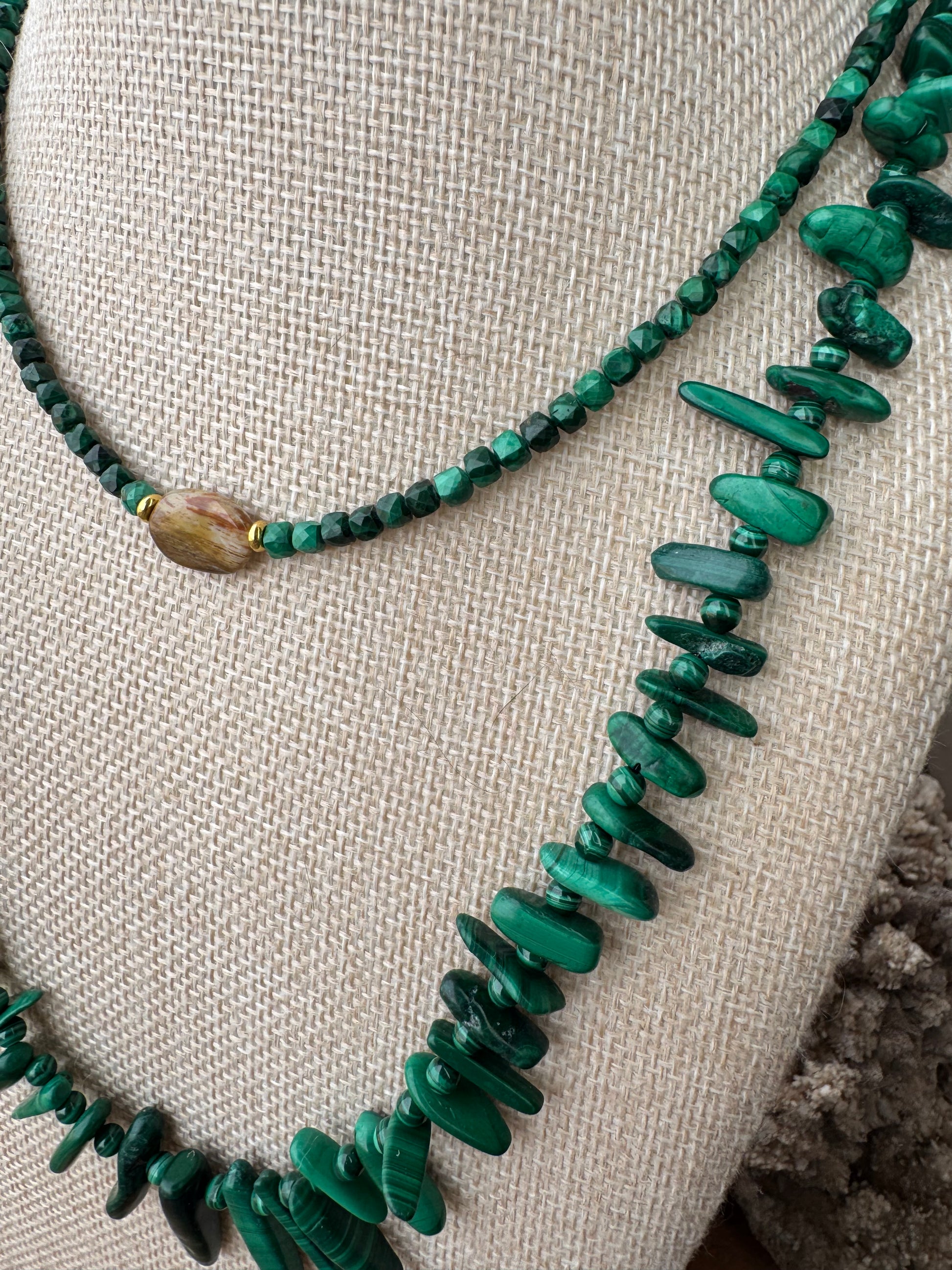 Malachite & Petrified Wood Necklace (Dainty)