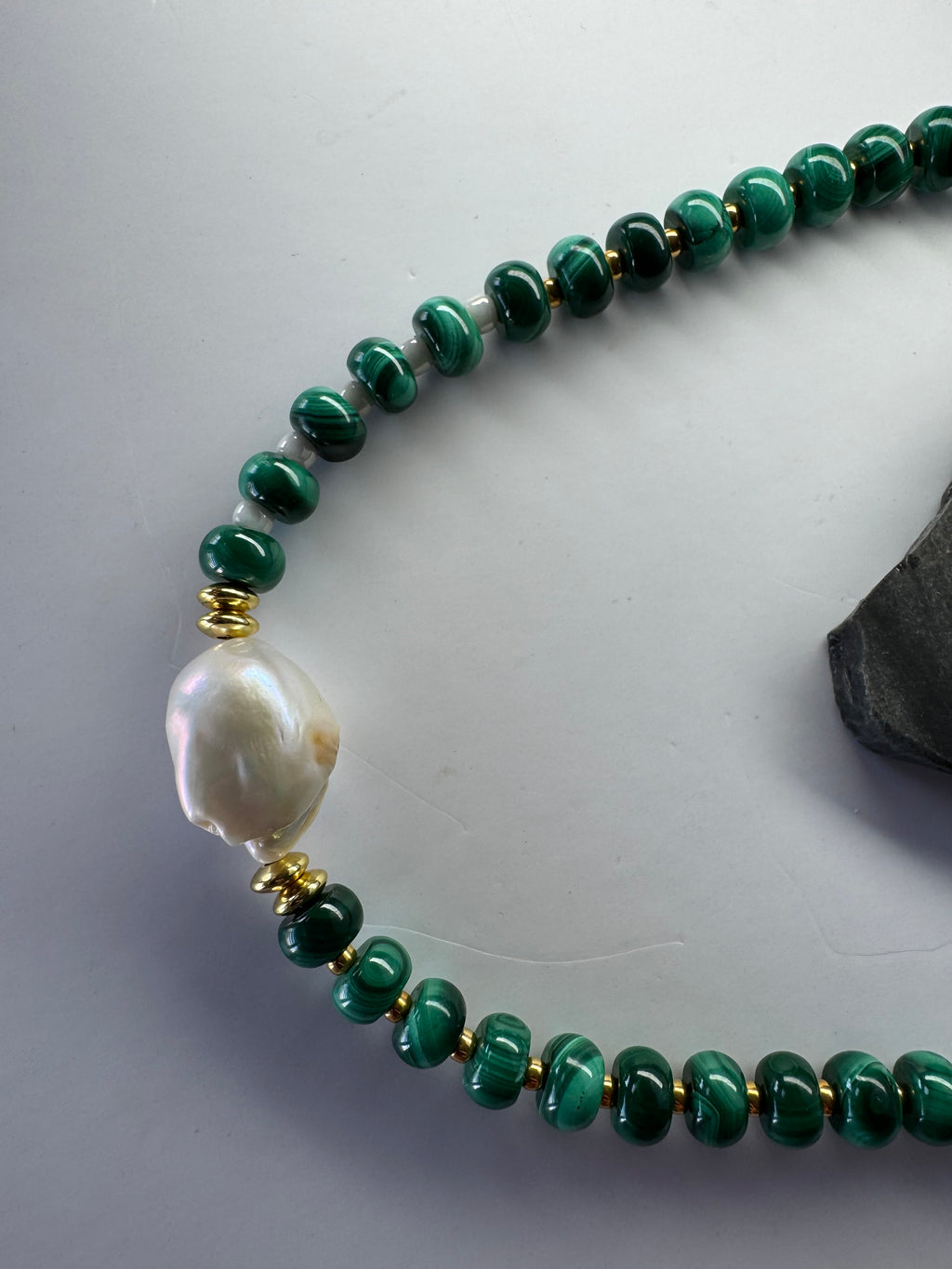 Natural Malachite and Freshwater Baroque Pearl Necklace