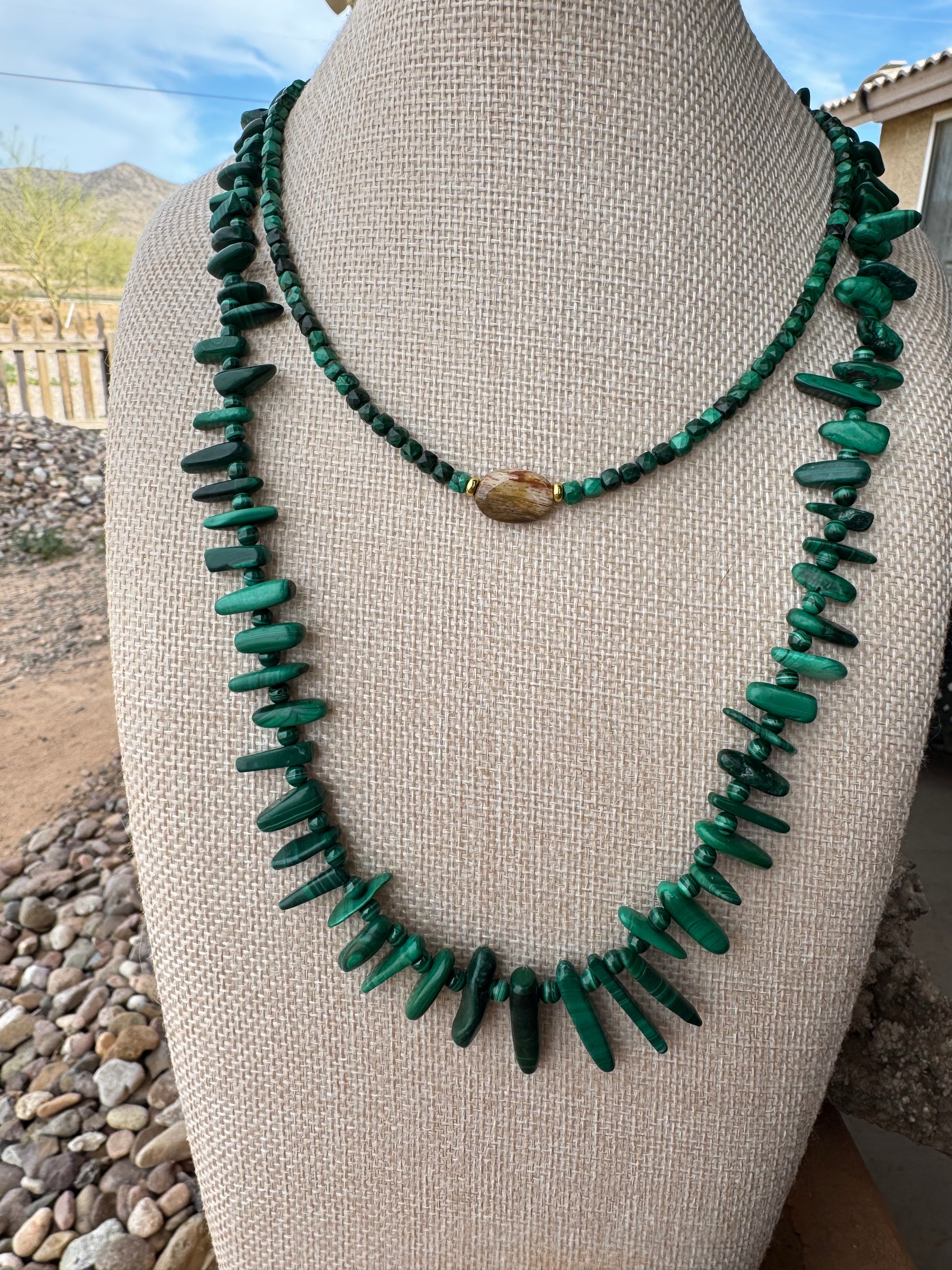 Malachite & Petrified Wood Necklace (Dainty)