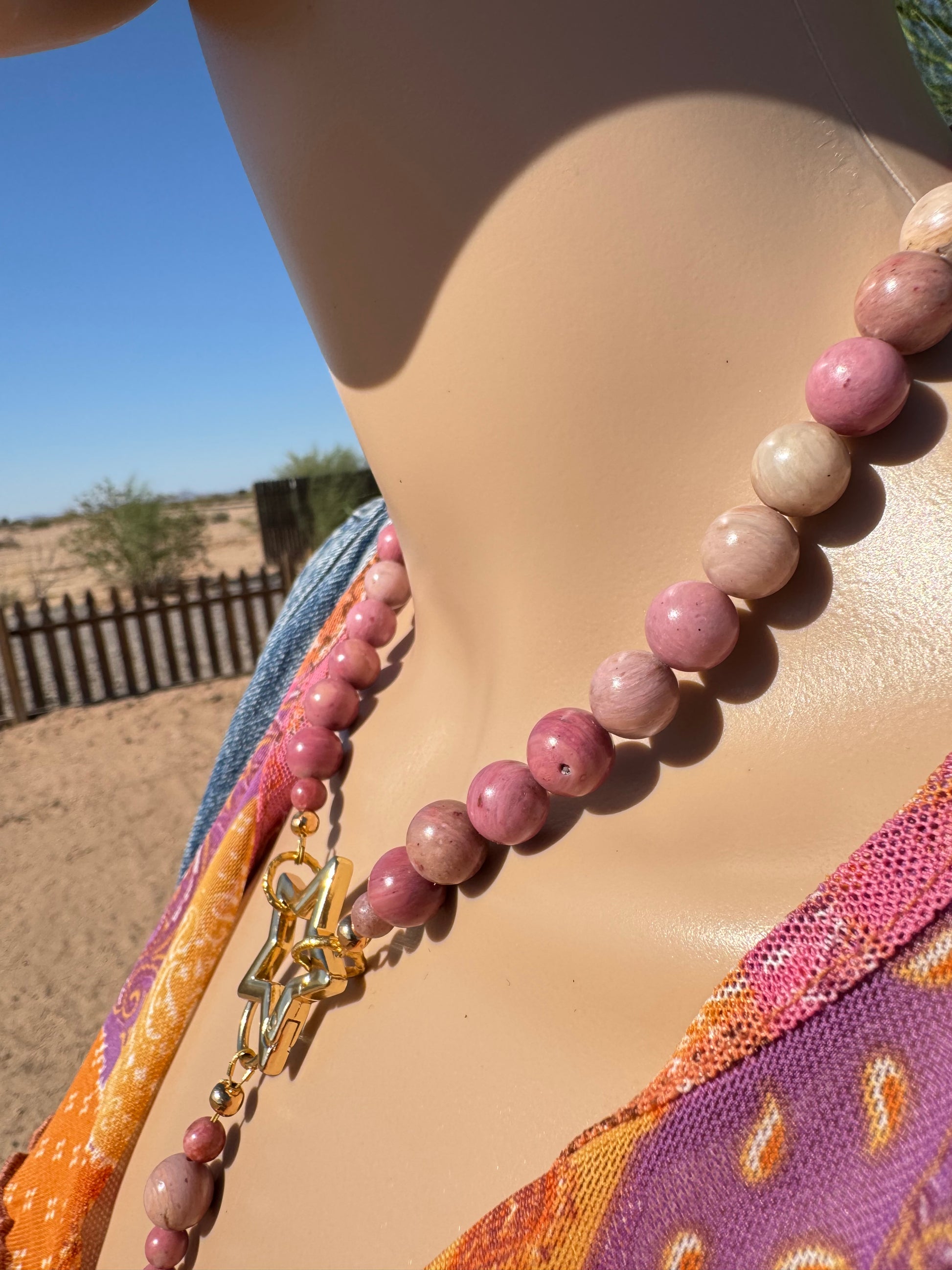 Madagascar Rhodonite Lariat Necklace with Gold Star