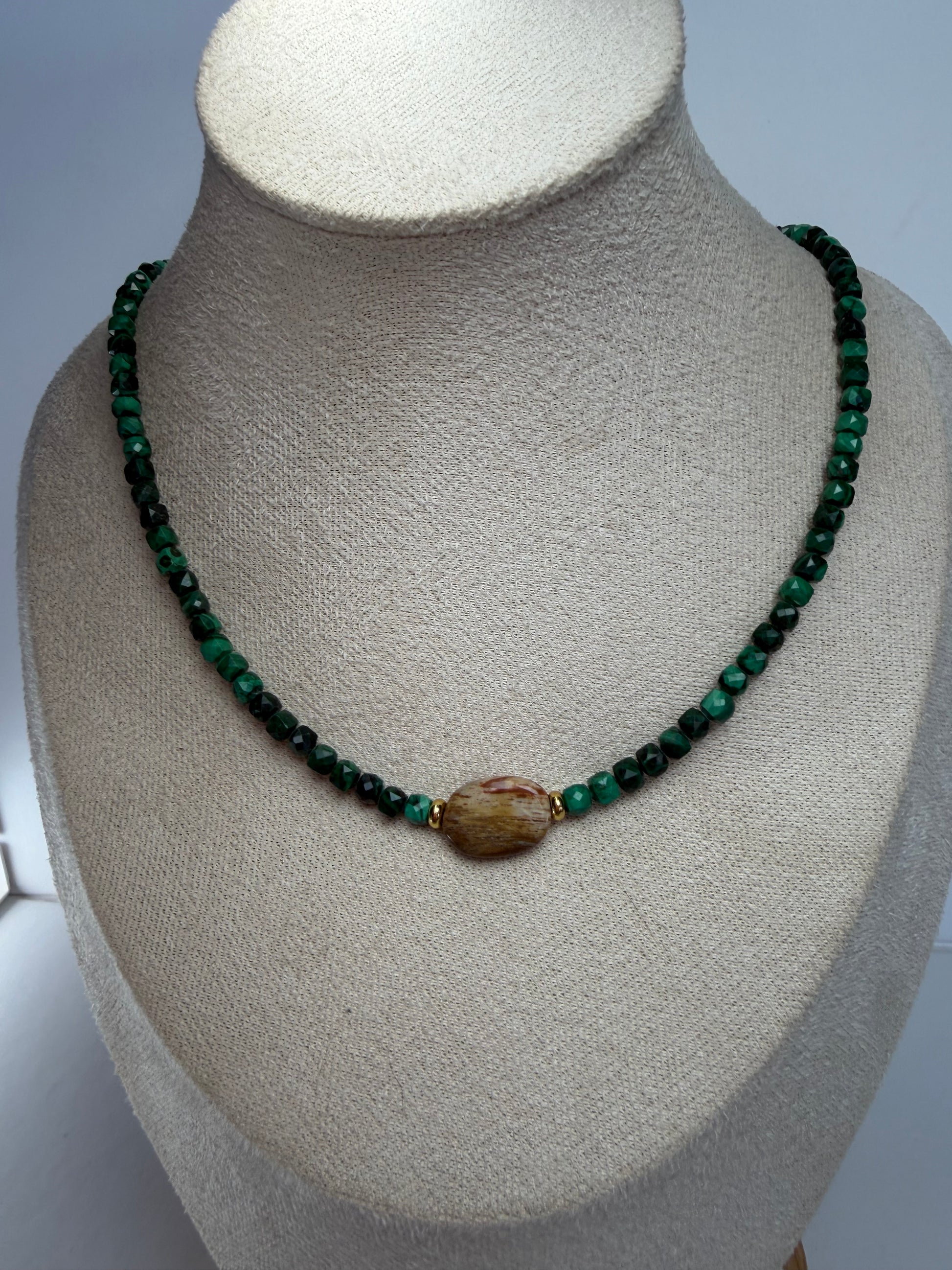 Malachite & Petrified Wood Necklace (Dainty)