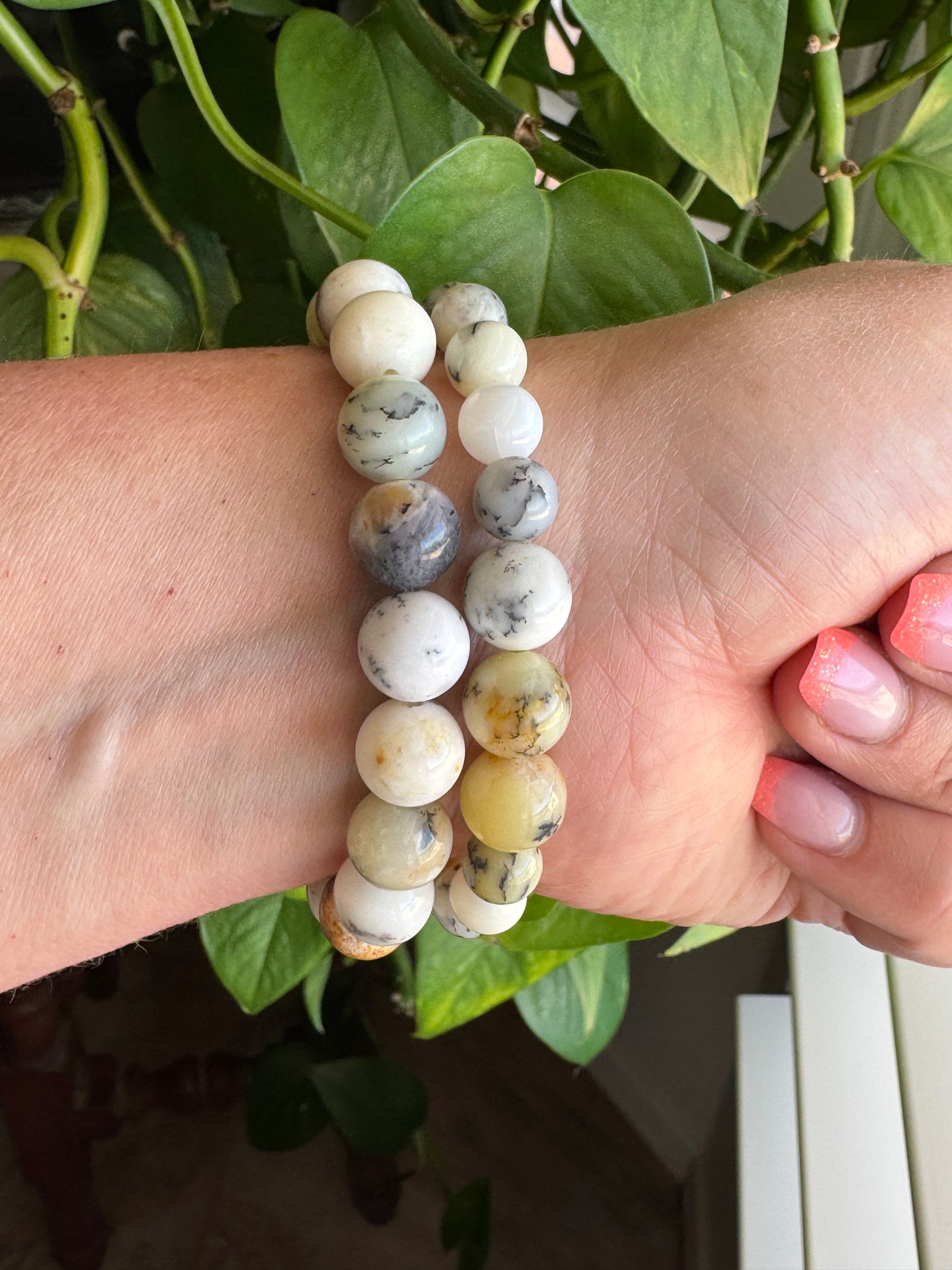 Natural White Opal Bead Stretch Bracelet Pair