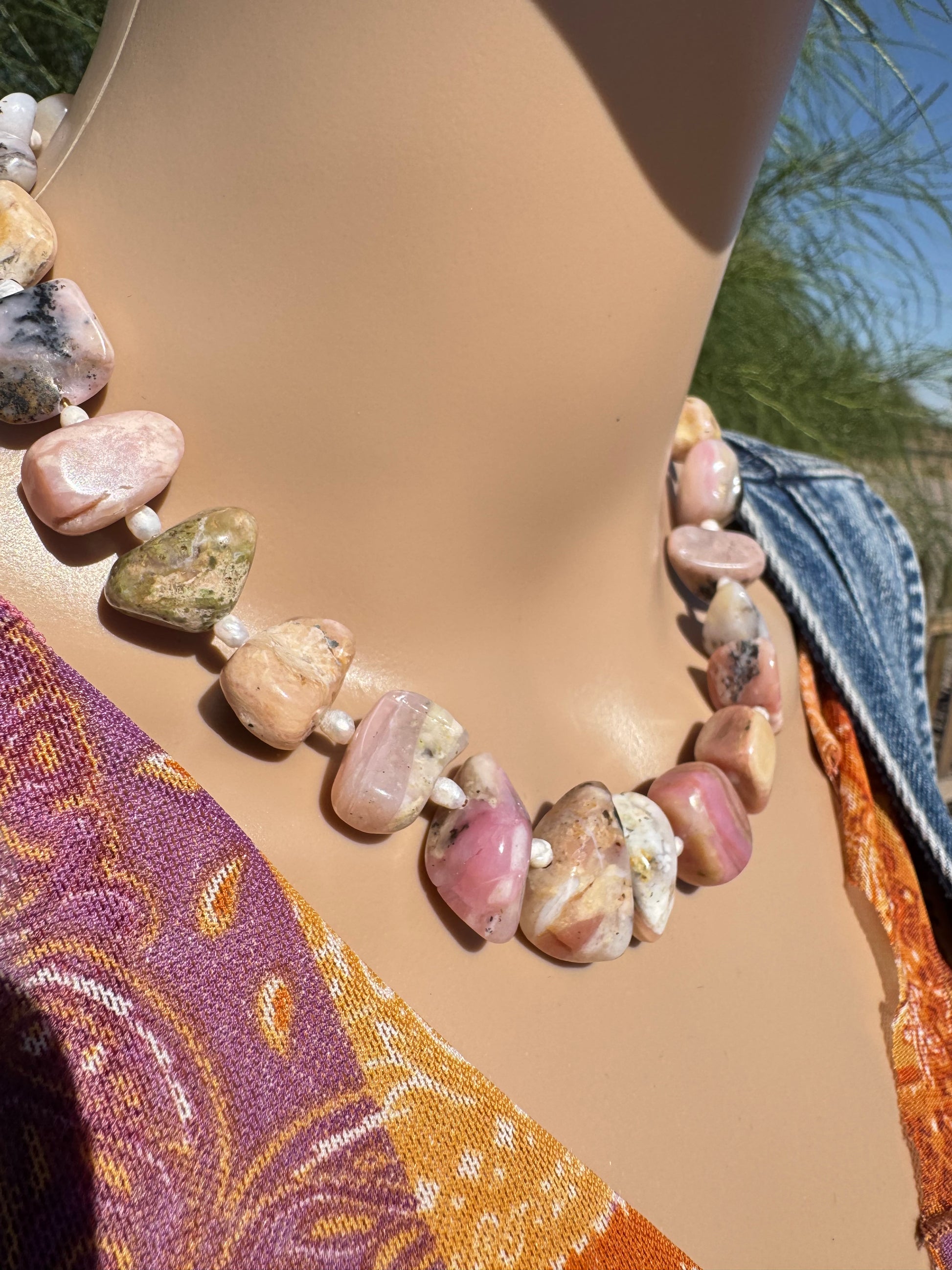 Peruvian Pink Opal & Freshwater Pearl Freeform Nugget Necklace