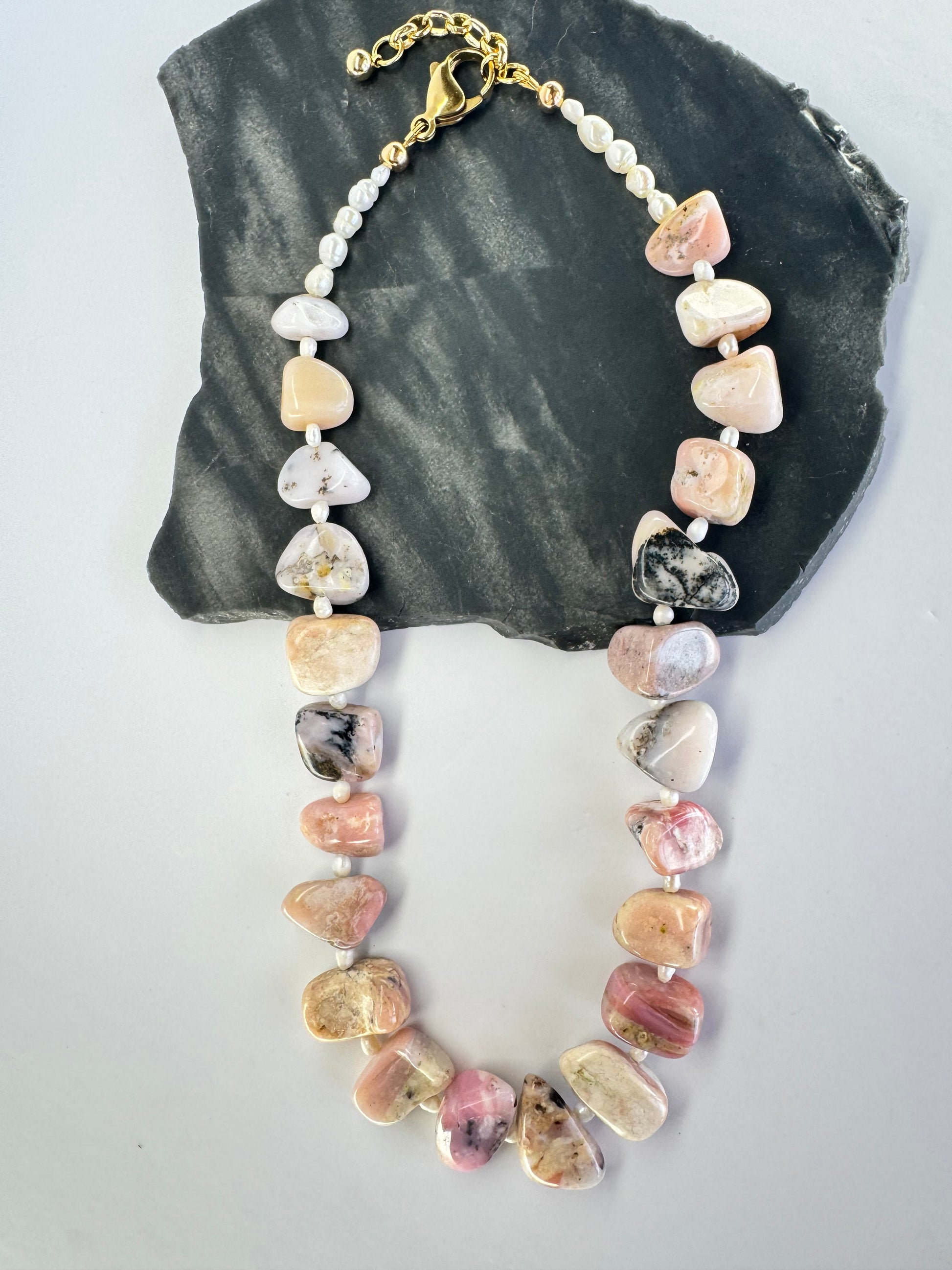 Peruvian Pink Opal & Freshwater Pearl Freeform Nugget Necklace