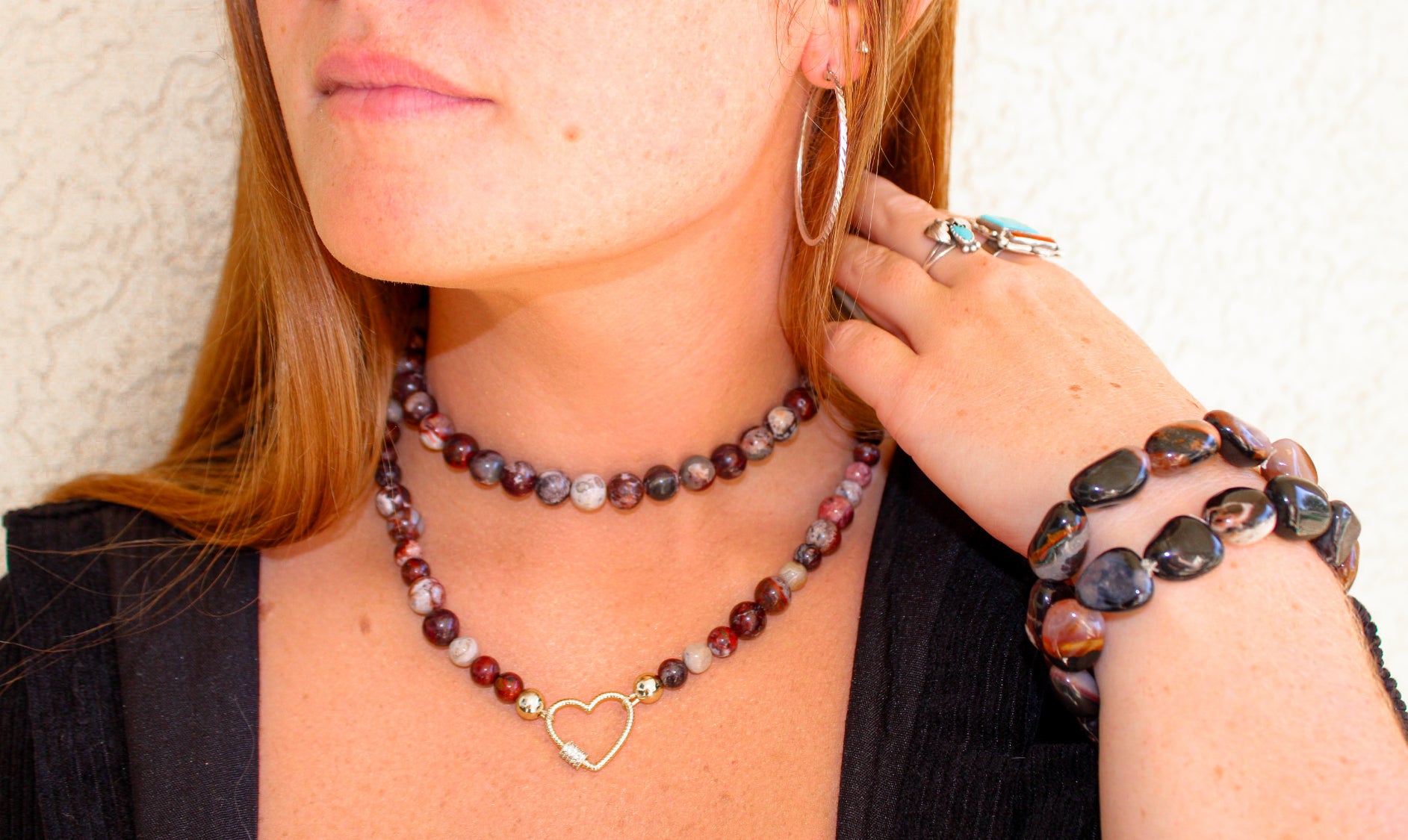 Red Mexican Crazy Lace Agate Necklace with Gold-Plated Heart Clasp
