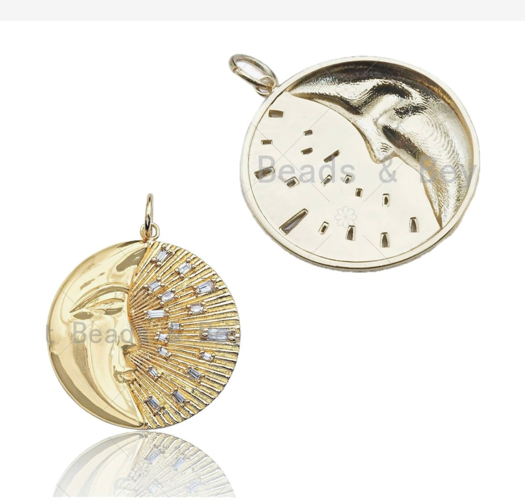 CZ Micro Pave Moon with Radiation Light Round Coin Pendant/Charm