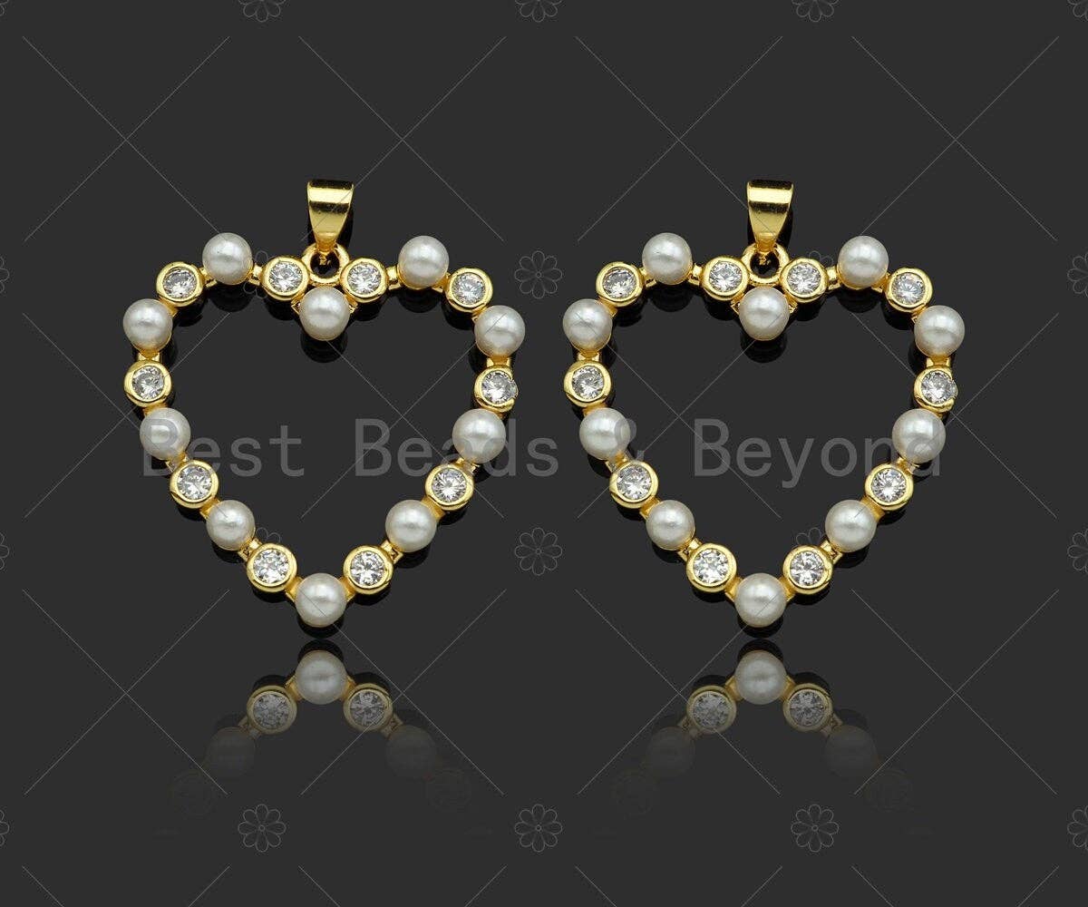 Gold Filled CZ Micro Pave Pearl On Heart Shape Charm / Pendant