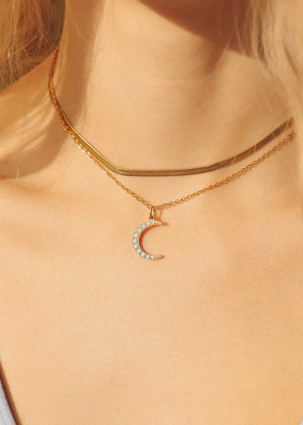 18K Gold PVD Stainless Steel Turquoise Stone Moon Charm