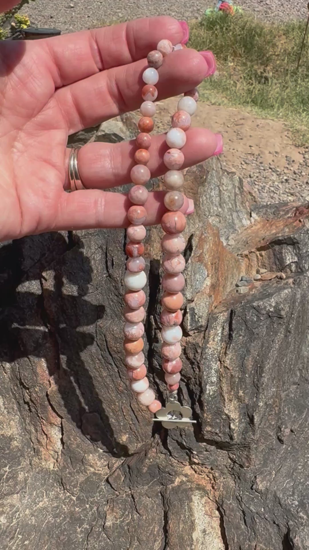 Pink Petal Agate Bead Necklace with Retro Flower Toggle - RESERVED FOR Maggie